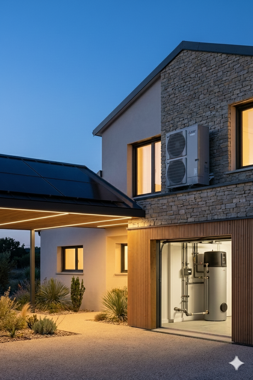 Installateur La Maison 3D posant une pompe à chaleur sur une maison charentaise
